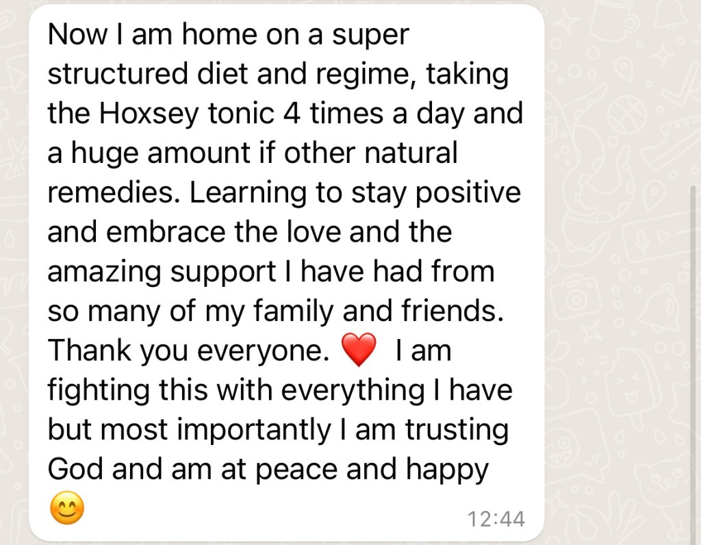 A WhatsApp message from the author's mother, describing how positive she was feeling after her alternative treatment. 